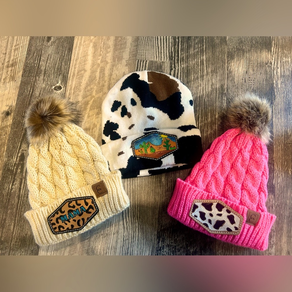 Toboggans with leather patches handmade western